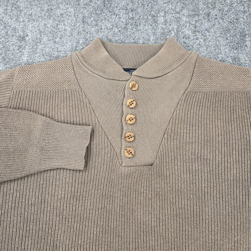 VTG Lands End Sweater Mens Large Beige Cotton Mock Neck Henley Knit Heritage USA